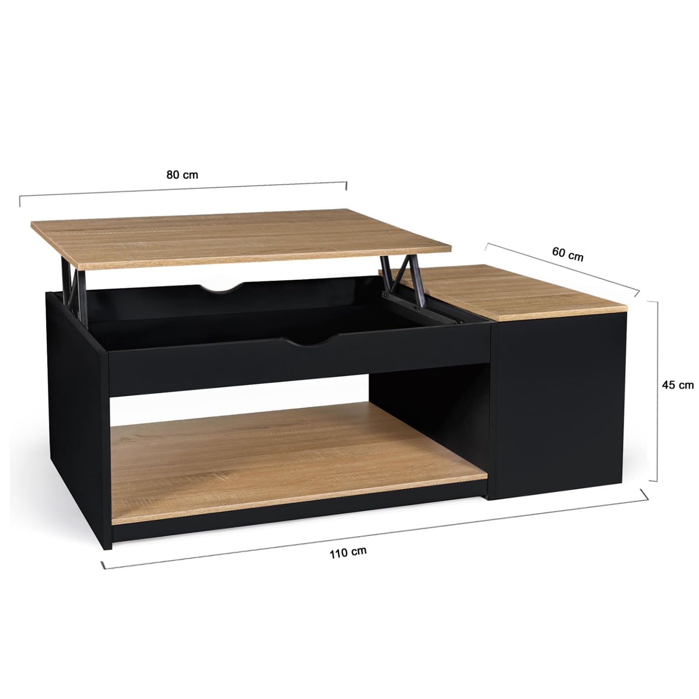 IDMarket - Table Basse Plateau relevable rectangulaire ELEA avec Coffre Bois Noir et façon hêtre