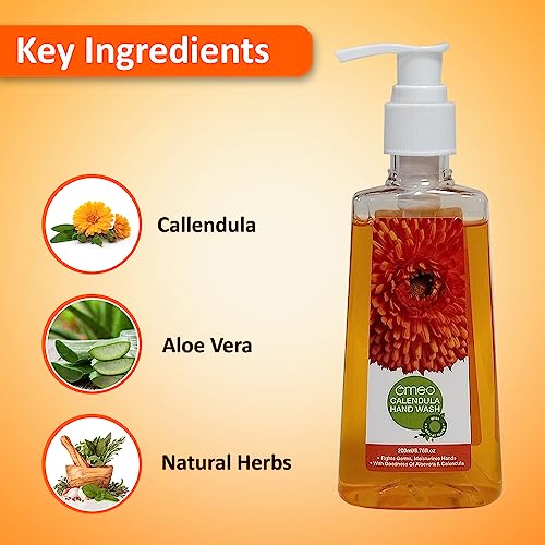 Image of Omeo Calendula Handwash Liquid Pump Bottle + Refill Pack Pouch (200ml+180ml X 2) for Germs Free, Soft & Moisturized Hand with Aloe Vera & Calendula | Tough on Germs & Dirt | Hand Wash Safe for All Types Skin, Daily Use