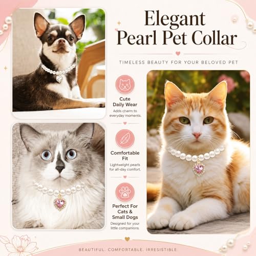 Image of BendJoy 2Pcs Adjustable Jewelry Cat Collar, Puppy Collar for Cats & Small Dogs Neck Belt with Rhinestone Heart Charm Pearl | Adjustable Fit | Rhinestone & Pearl Charm | Photography Prop