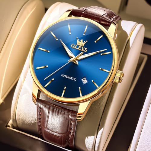 OLEVS Men's Automatic Watches Blue Face Brown Leather Waterproof Date - image 5