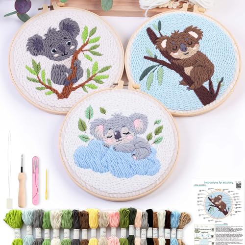 Image of REEWISLY Punch Needle Embroidery Starter Kits for Beginners Flower and Grass Patterns.3Ps Embroidery Hoops,Color Threads,Instructions and Needles,DIY Adults Embroidery, Video Teaching