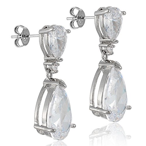 Rizilia Celebox Teardrop Dangle Pierced Earrings With Pear Cut Cz [White Cubic Zirconia] In White Gold Plated, Celebrity Inspired By Angelina Jolie #TOP1