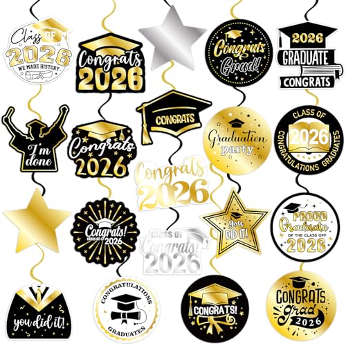 Image of 40Pcs Graduation Party Hanging Swirl Decorations, Black Glod Class of 2026 Congrats Grad Hanging Swirls Ceiling Decorations for 2026 Graduation Party Decor Supplies
