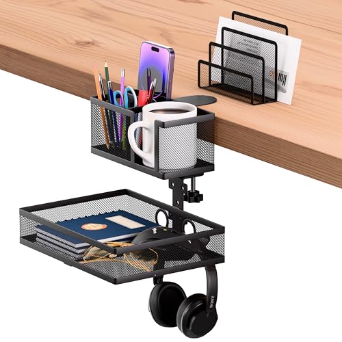 Genérico Organizador de Escritorio 6 en 1 con Abrazadera, Cajón Bajo Escritorio Giratorio 360° y Sujeta Vasos Intercambiables, Desk Organizer Fácil de Instalar, Accesorios de Oficina