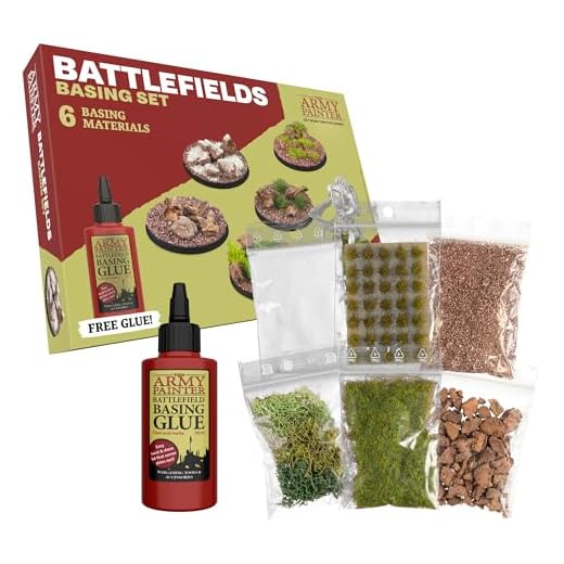 The Army Painter Battlefields Basing Set, 50ml Pegamento Miniaturas Pva, 35 Mechones Verdes, 1 Caja De Musgo, Campo De Batalla Marrón, Maleza De Verano Y Rocas De Batalla Para Warhammer 40k