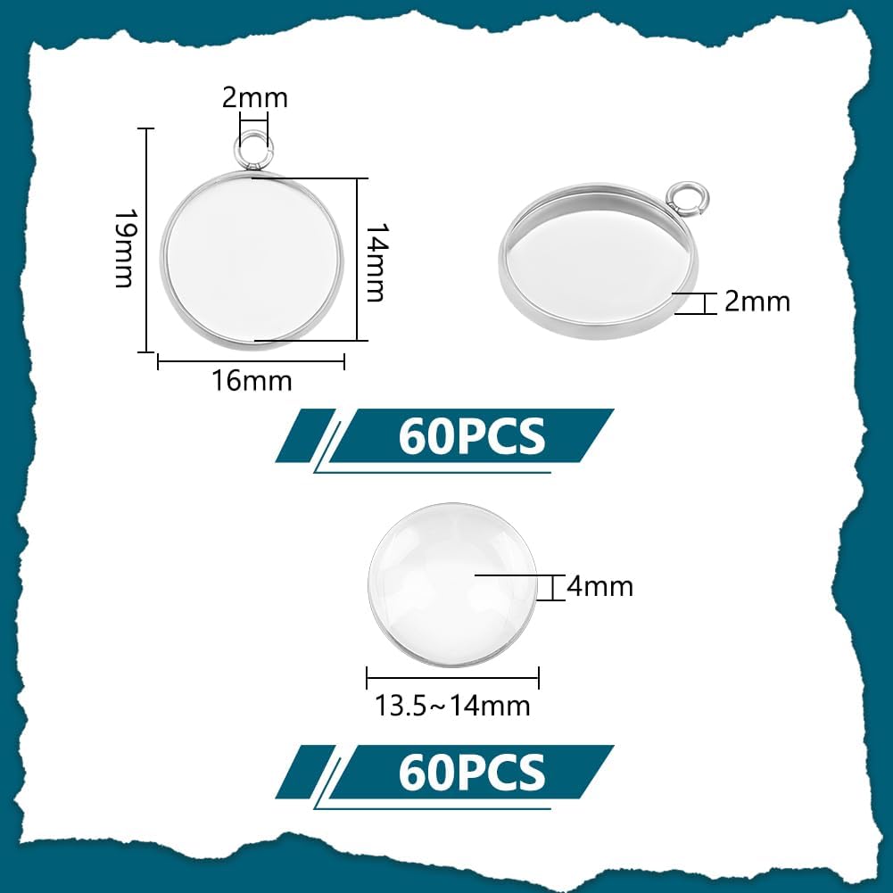 UNICRAFTALE 60Sets Flat Round Blank Dome Pendant Making Kit Stainless Steel Cabochon Bezels Base Setting with Glass Cabochons Tray 14mm for Necklace Jewelry Making - Image 3