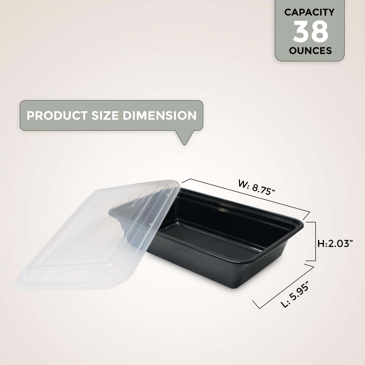 Klex Recipientes de preparación de comidas con tapas herméticas, sin BPA, recipiente de plástico reutilizable para alimentos, 38 onzas, rectangular, negro/transparente, 50 juegos