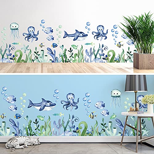 4 Sheets Blue Octopus Wall Decals Green Seaweed Wall Decal Ocean Fish Wall Sticker Diy Removable Shark Wall Murals For Baby Kids Boys Bedroom Nursery Classroom Living Room Bathroom Home Decoration #TOP5