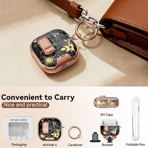 Image of for AirPods 4 Case 2024 with Safty Lock-Black Gold Leaves | As Phone Stand, for Women Girly, with Keychain & Cleaner Kit,Two-Piece Design,Support Wireless Charging,Clear TPU+PC Material