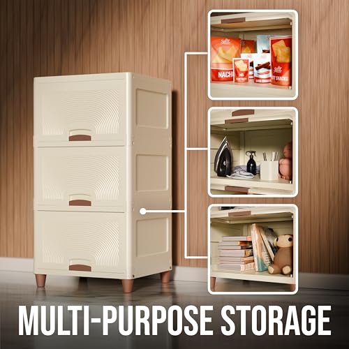 Image of Amazon Basics Multi-Purpose Large Organizer | Modular Storage Box for Clothes, Kitchen, Bedroom & Living Room | Stackable Rack, Space-Saving Wardrobe Cabinet (Off White), 3 Piece, 37.5LX44.7WX27H cm