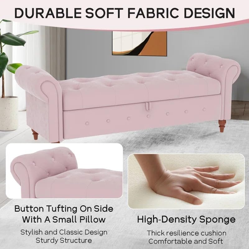 Image of LEGACY OF COMFORT F4 Velvet Upholstered Storage Bench Sofa Bench Sofa couches Rolled Arm Window Bench Ottoman Bench 2 Seater Sofa Chaise Lounger or Living Room Bedroom Office (Pink Velvet)