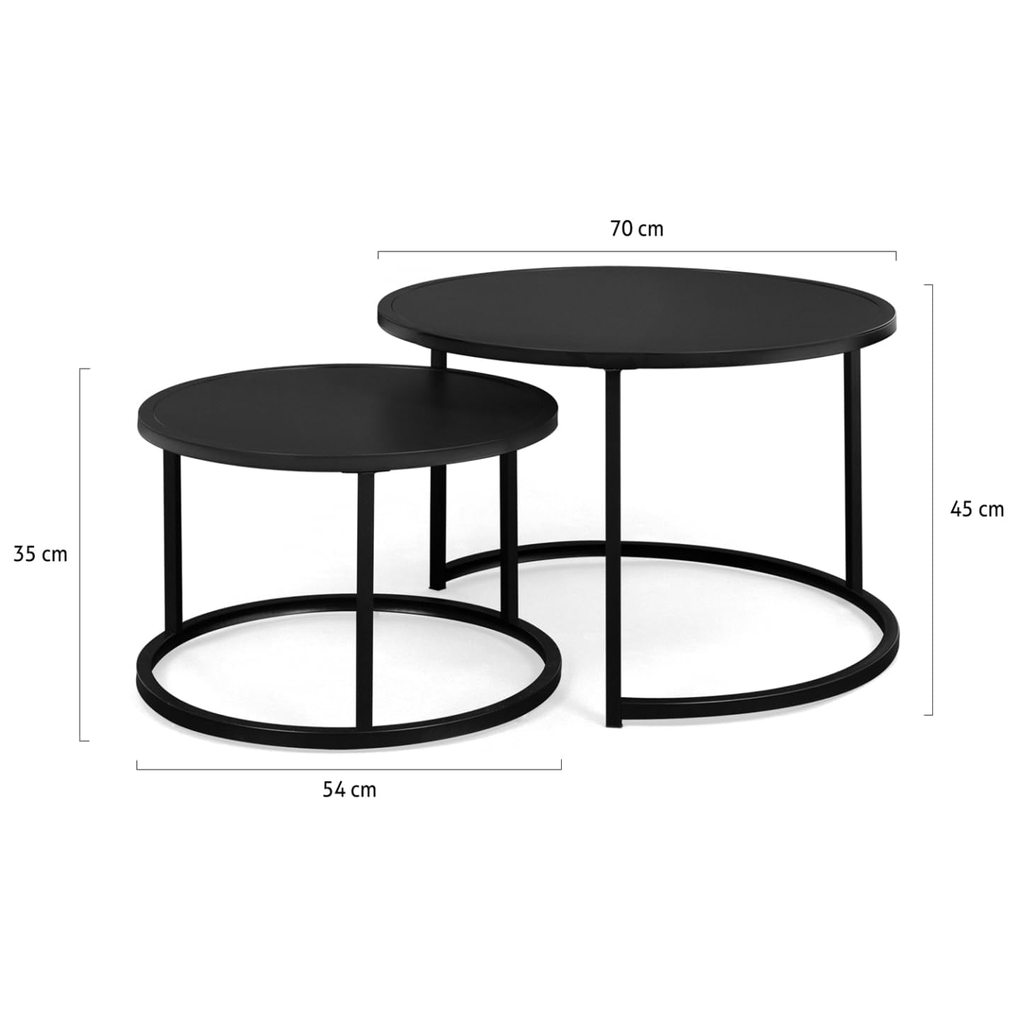 IDMarket Davis – Juego de 2 mesas bajas anidadas redondas 54/70 de metal negro mate diseño industrial