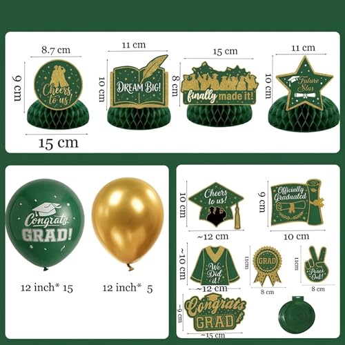 Image of Green Gold Balloons GRAD Print Balloons with Banner Table Honeycomb Centerpieces Hanging Swirl trophy star GRAD Letters Mylar Balloons for 2026 graduate Prom Decorations