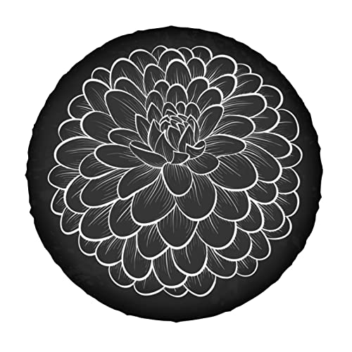 Image of Beautiful Monochrome Black and White Dahlia Flower Spare Tire Cover Dust-Proof Wheel Tire Cover Fit Trailer, RV, SUV and Many Vehicle 17 Inch