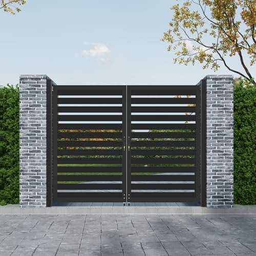 Mondaria Aluminum Double Fence Gate, 6FT H x 8FT W Outdoor Driveway Privacy Gate with Heavy Duty Metal Frame, Rustproof Powder-Coated Gate with Lockable Handle Kit, Horizontal Slat (Without Post)