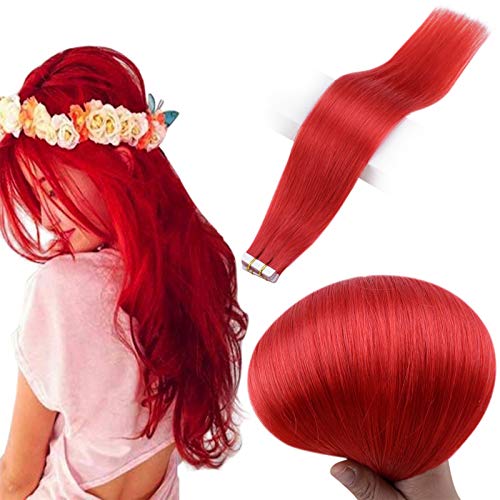 Full Shine Tape in Hair Extensions Human Hair Red Color 14 Inch Hair Adhesive Tape Double Sided Glue on Invisible PU Tape Human Hair Seamless Extensions, 25 Grams 10 Pieces Brazilian Hair