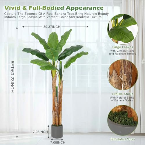 GarveeHome Artificial Banana Tree, 5FT Faux Banana Tree with Grey Planter, Artificial Plants with 11 Faux Banana Leaves Plant for Home Office Decor