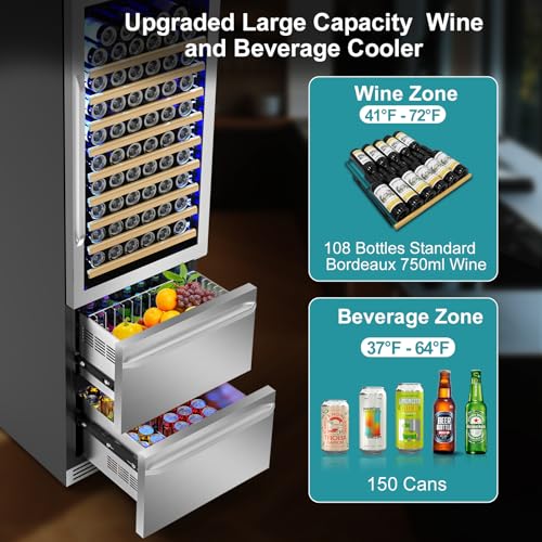 Image of 24 Inch Wine and Beverage Refrigerator, 2 IN 1 Dual Zone Drawer Beverage Fridge Wine Cooler, Built-in or Freestanding Beverage Cooler with Powerful Compressor, Holds 108 Bottles and 150 Cans
