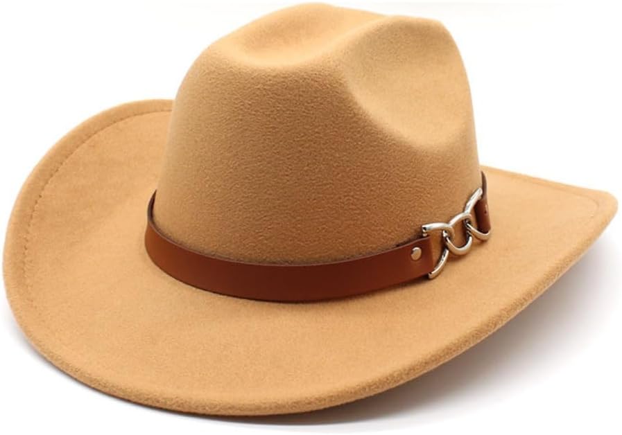 Western Felt Cowboy Hat with Studded Leather Band, Wide Brim, Khaki Tan