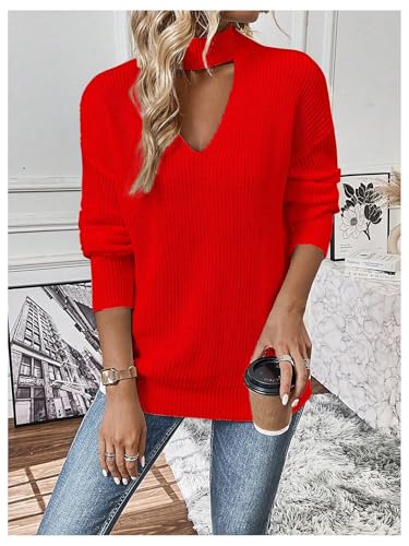 Image of GORGLITTER Women's Cut Out Oversized Lighweight Sweater V Neck Long Sleeve Sexy Trendy 2025 Fall Pullover Tops Red Large