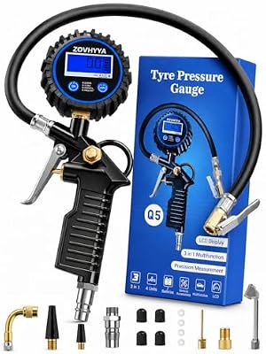 Manometro Pressione Gomme Professionale 220PSI Manometri per Pneumatici Pistola Gonfiaggio Pneumatici con 4 Tappi Valvola 2 Ugelli 1 Valvola Francese 1 Stelo di Prolunga in Metallo 90 Gradi