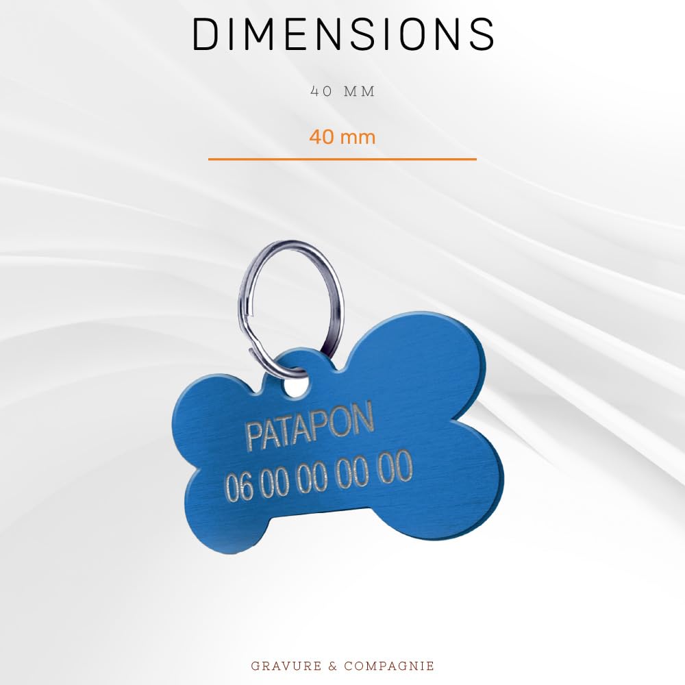 Médaille Gravée pour Chien et Chat – Médaillon d’Identification Personnalisé 3 Lignes En Aluminium Anodisé – Gravure Recto Verso avec Nom & Numéro (Grand Os-40 mm, Bleu)