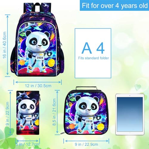 Image of 3Pcs Boys Backpack, 16 inch Panda School Backpacks with Lunch Box, Kids Bookbag for Elementary Preschool Kindergarten(Black)