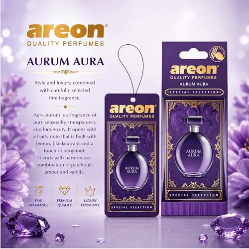 Image of AREON Luxury Aurum Aura SS02 Car Hanging Air Freshener - Premium Car Perfume, Long Lasting Vehicle Air Freshener, Stylish Hanging Scent for Interior Freshness - (Pack of 3)