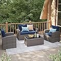 JOIVI Patio Furniture Set, 4 Piece Outdoor Patio Conversation Set, All-Weather PE Rattan Wicker Sectional Patio Sofa Set with Tempered Glass Coffee Table for Family Gatherings, Navy Blue