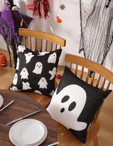 Halloween Decorations Set of 4 Double-Sided Print Ghost Pillow Covers 20" x 20", with 8 Cute Different Looks with Halloween Decor, Soft Linen Throw Pillow Covers for Outdoor & Indoor Use