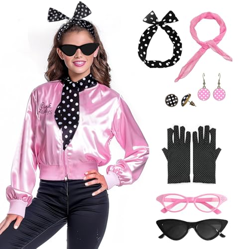FAYBOX Pink Satin Ladys Jacket 50s Outfit Costume for Women,Halloween Costumes Accessories Adults