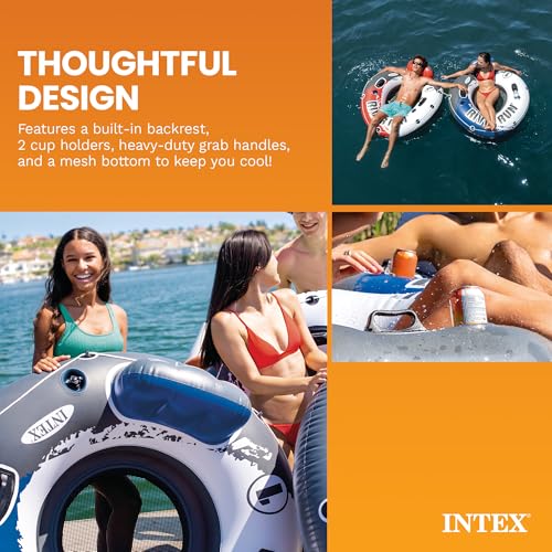 Image of INTEX 56825EP River Run 1 Inflatable Floating Lounge: Comfortable Backrest - Built-in Cup Holders - Durable Grab Handles - All Around Grab Rope - 220lb Weight Capacity - Color May Vary