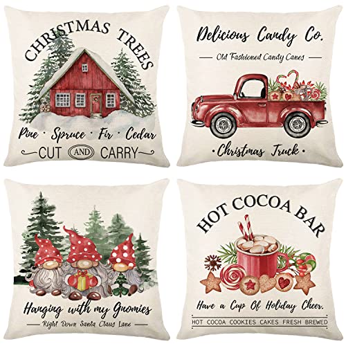 Christmasthrowpillowcovers18x18setof4merrychristmastreegnomeredtruckcandycanexmasfarmhousedecorationsrusticwinterholidaycouchcoverforsofabedroomhomeoutdoor  Urban Country Home Decor Christmas throw pillow covers 18×18 set of 4 merry christmas tree gnome red truck candy cane xmas farmhouse decorations rustic winter holiday couch cover for sofa bedroom home outdoor  urban country home decor