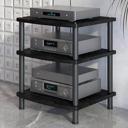 Image of Modern AV Media Stand, 3-Tier Stereo Cabinet with Carbon Steel Frame, Wooden Storage for TV, DVD Players & Accessories(Black,3 Tier 60x54x66CM)