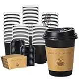 BYSNOW 100 pack 12 oz Thickened Coffee Cups with Lids, Scald Resistant Hot Cups with Sleeve and Straw, To Go Coffee Cups for Home, Office, Cafes and Party (Black 12oz)