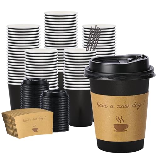 BYSNOW 100 pack 12 oz Thickened Coffee Cups with Lids, Scald Resistant Hot Cups with Sleeve and Straw, To Go Coffee Cups for Home, Office, Cafes and Party (Black 12oz)