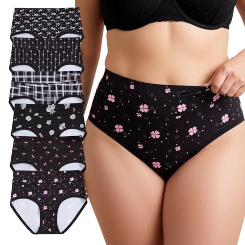 Image of Womens Underwear XL-5XL Plus Size Ladies Panties Mid High Waist Briefs for Woman Floral Print Pantys 6-Pack