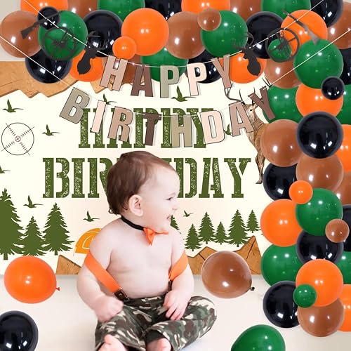 Image of Deer Hunting Camo Happy Birthday Banner,Deer Hunting Party Decorations | The Big One Deer Hunting Birthday Banner,Buck Deer Party Decorations