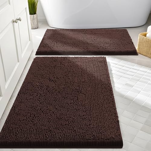 Smiry Bathroom Rugs Sets 2 Piece Soft Absorbent Chenille Machine Washable Non Slip Shaggy Bath Rug Set for Tub Shower and Floor (30x20+24x16 Brown)