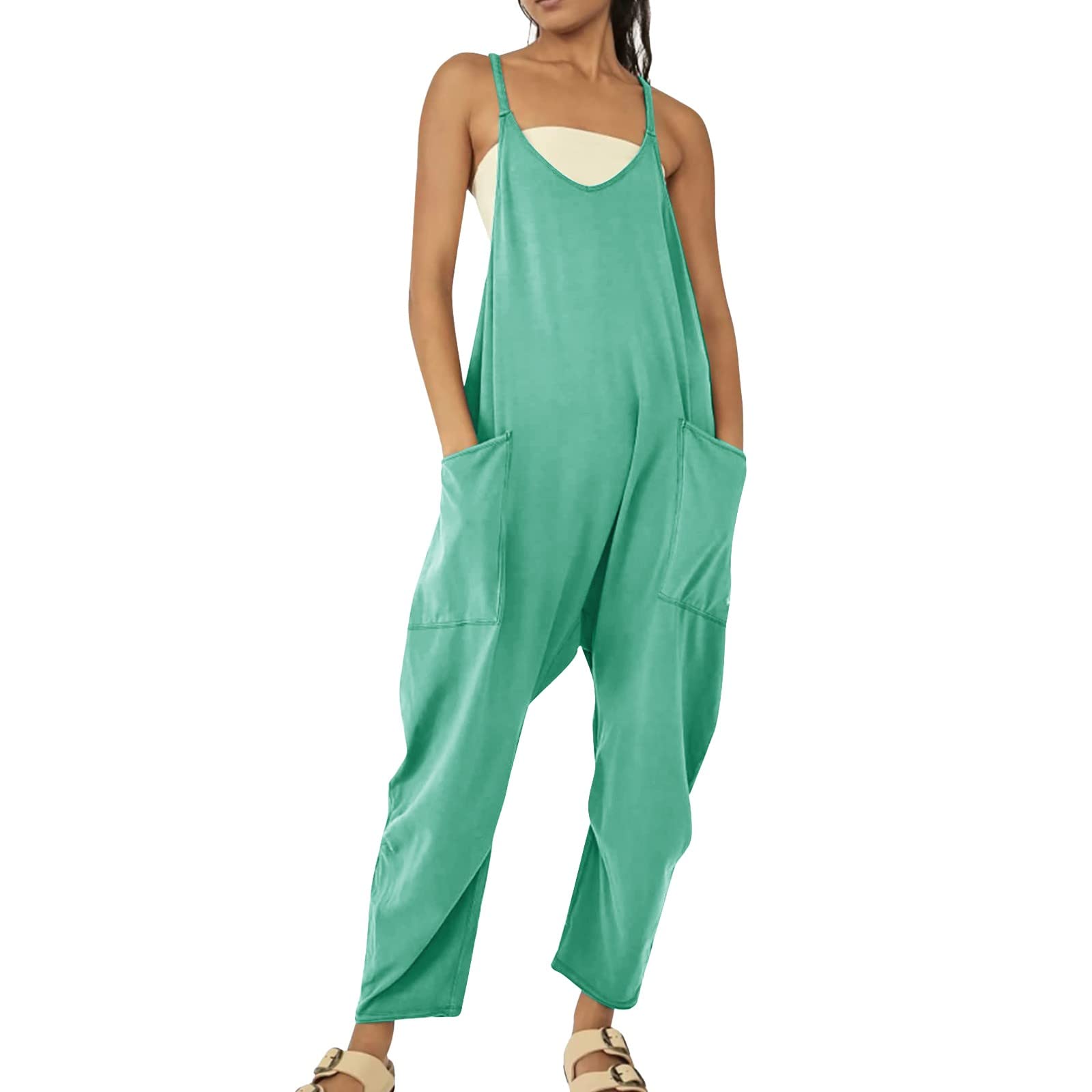 Gyaimxfu Mono Mujer Verano Elegante Largo 2024 Suelta Casuales Monos Pierna Ancha Con Bolsillos Color Sólido Playa Pantalón Largo Harem De Una Pieza Holgado Suave y Confortable Jumpsuit