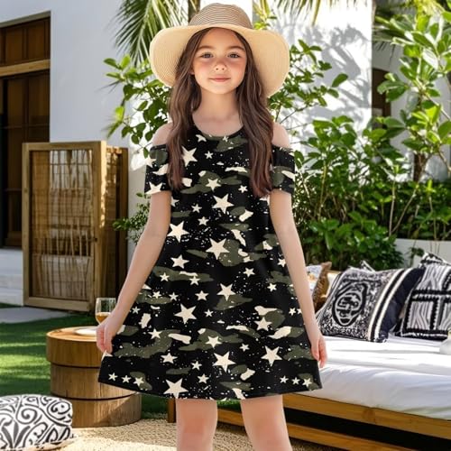 Girl's Cold Shoulder Dress Short Sleeve Crewneck A-Line Swing Skater Dress Summer Casual Sundress with Pockets3