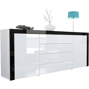 Vladon La Paz Sideboard Chest of Drawers Made in Germany Body in White High Gloss / Front in White High Gloss with Frame in Black High Gloss
