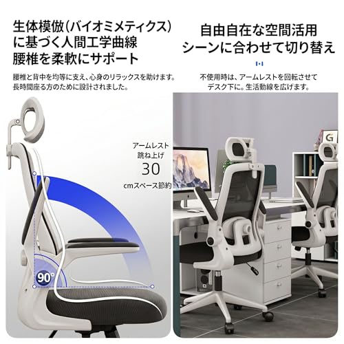 人体工学オフィスチェア、メッシュ素材、グレー、3D調節ヘッドレスト付き、ラテックスクッション、腰部サポート、フリップアップアームレスト、昇降機能搭載 (黒曜岩) [5]