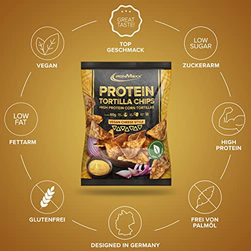 IronMaxx Protein Tortilla Chips – Vegan Cheese Style 60g | Knusprige Eiweißchips aus Soja & Maniok | High Protein Snack | Low Carb, ballaststoffreich, glutenfrei & vegan | Für bewusste Ernährung