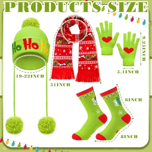 Coume 4 Pcs Winter Scarf and Hat Holiday Gifts for Women Red and Lime Green Beanie Gloves Hat Socks for Adults3