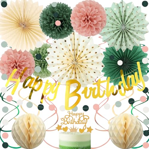 Torerun Sage Green and Pink Gold Birthday Party Decorations Kits with Happy Birthday Banner,Circle Dots Garland, Flower Pom poms,Honeycom Ball,Paper Fan,Swirls Hanging for Women Girls Decor Supplies