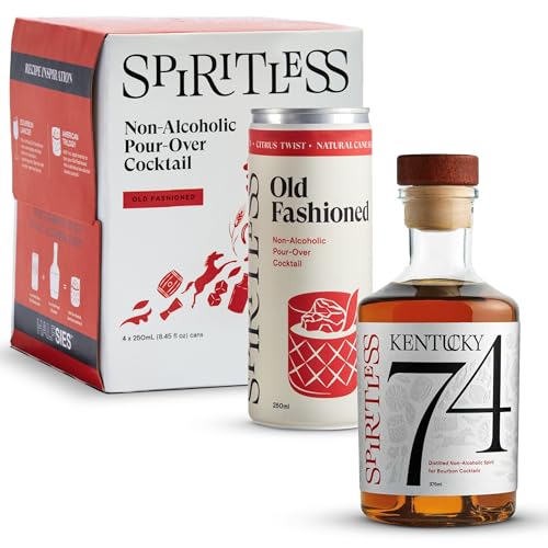 Non-Alcoholic Kentucky 74 & Old-Fashioned Pour-Over Cans, 0 Alcohol Bourbon Whiskey Mocktail Bundle, 375ml Bottle and 8.45 Fl Oz Cans (4pk)