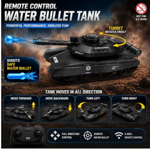 Image of Remote Control Water Bullet Tank Toy for Kids (6+ Years),Birthday Gift for Boys&Girls,Rechargeable RC Military Tank with Water Gel Bullets,Multi-Directional Movement,USB Charging