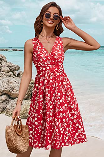 Image of OUGES Women's Summer Spaghetti Strap V-Neck Floral Short Party Dress with Pockets