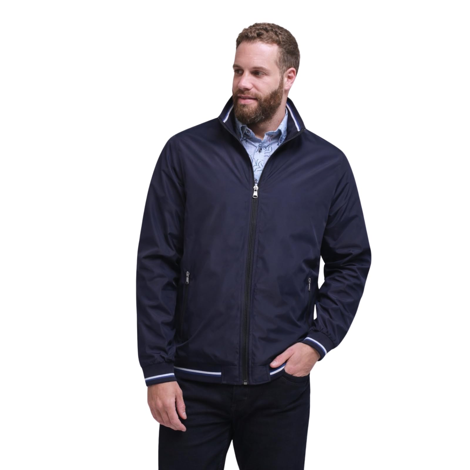 Kam Men's Navy Harrington Jacket Collar Premium Zip Up Long Sleeve 2XL-8Xl Kbs 444 (Uk, Alpha, 5XL, Plus, Regular, )